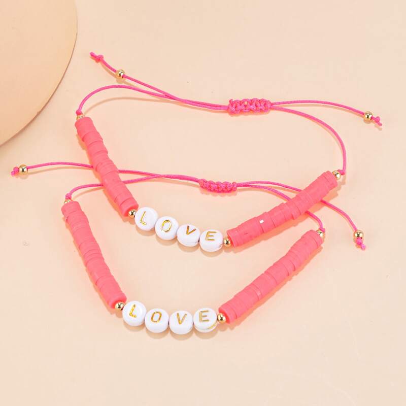 

2pcs Letter Bead Decor Bracelet, Multicolor