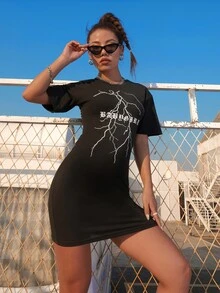 字母圖案包臀連衣裙 - 黑色 - 查看 6