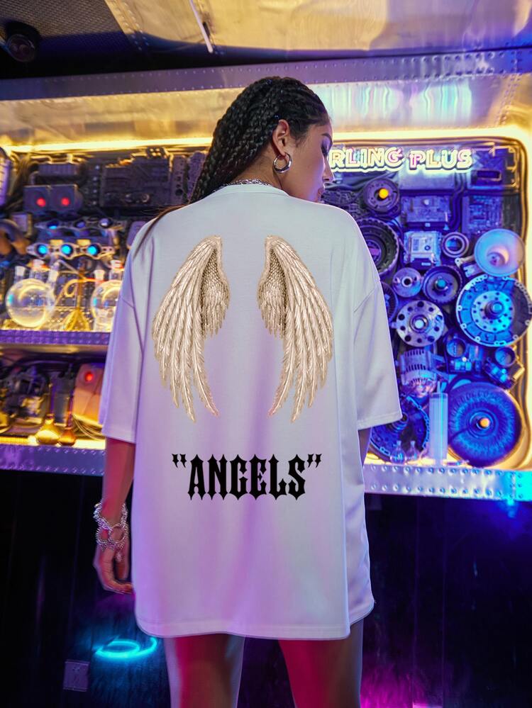 SHEIN Unity Wings & Letter Graphic Oversized Tee, Unisex - White - View 3