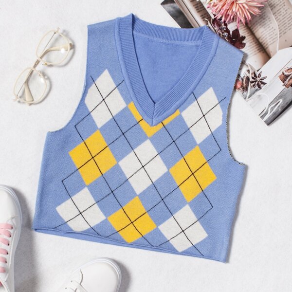 

V Neck Argyle Pattern Sweater Vest, Baby blue