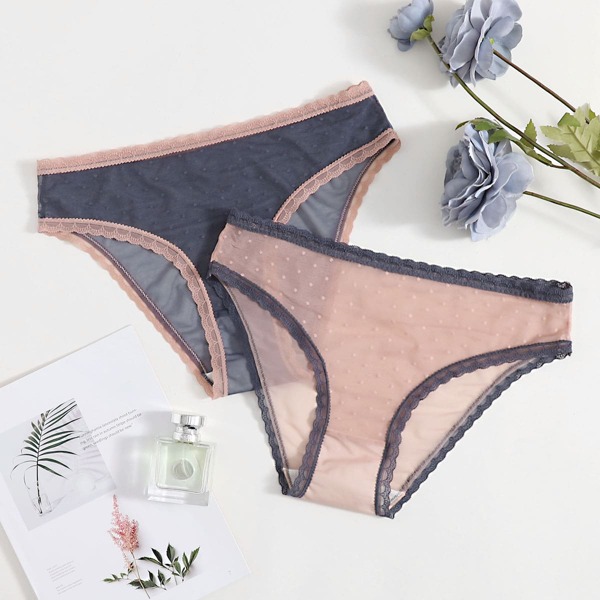 

2pack Plus Mesh Lace Trim Panty Set, Multicolor