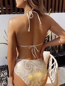 Conjunto de bikini de triángulo de cuello halter con volantes - Dorado - Ver 2