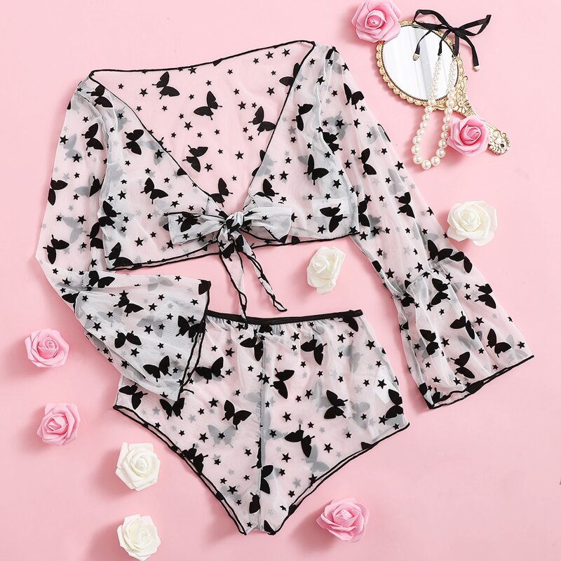 

Butterfly Pattern Mesh Lingerie Set, Black and white