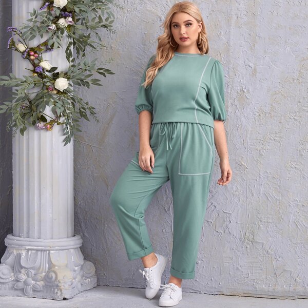 

Plus Contrast Stitch Puff Sleeve Top & Drawstring Pants Set, Mint green