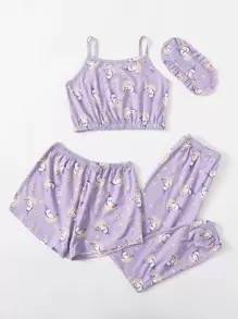 4 piezas conjunto de pijama de tirantes con estampado de dibujos animados - Lila Púrpura - Ver 1