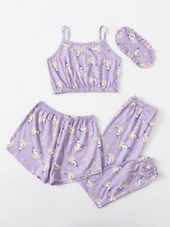 Girls 4pcs Cartoon Graphic Cami PJ Set