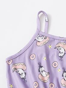 4 piezas conjunto de pijama de tirantes con estampado de dibujos animados - Lila Púrpura - Ver 3