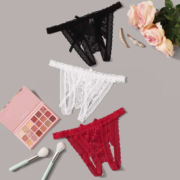 

3pack Floral Lace Crotchless Panty Set, Multicolor