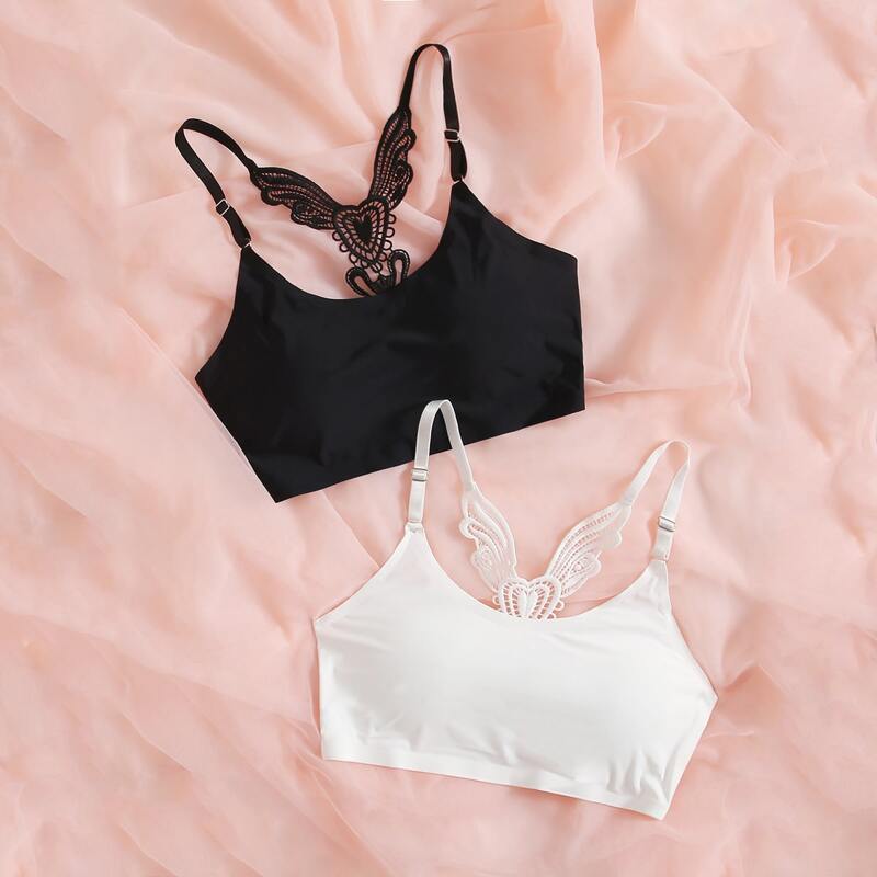 

2pcs Contrast Lace Bralette, Black and white