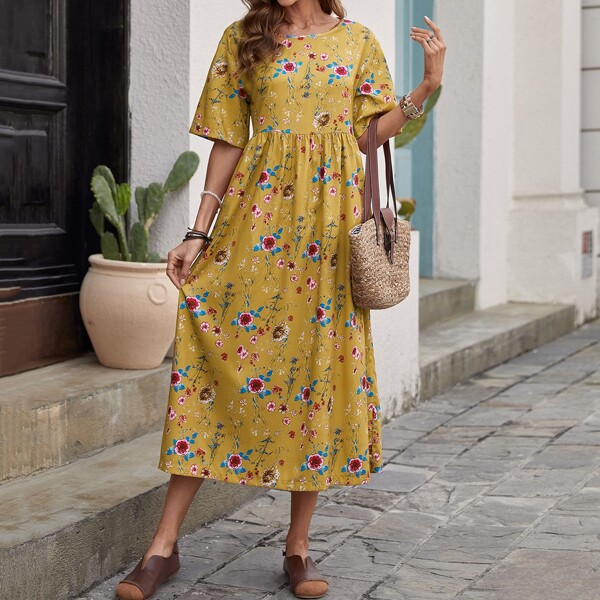 

Drop Shoulder Floral Print Smock Dress, Yellow