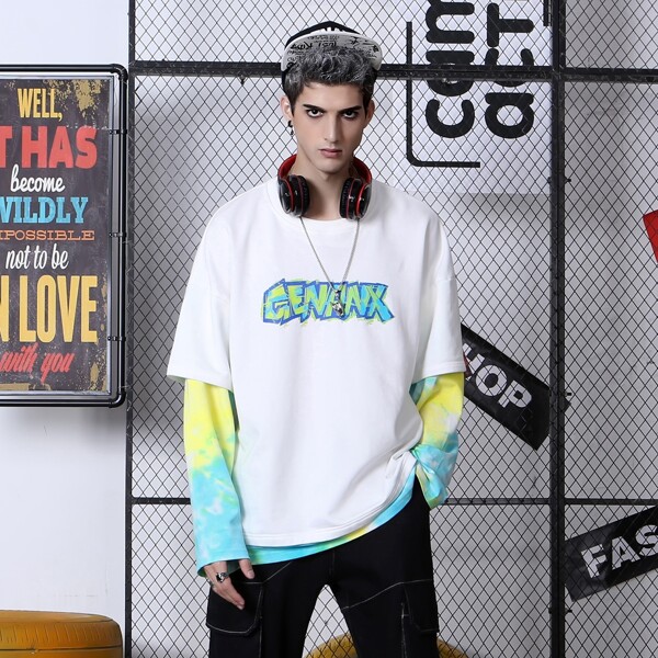 

Men Letter & Cartoon Graphic Drop Shoulder 2 In 1 Tee, White