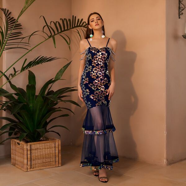 

Contrast Mesh Mermaid Hem Sequin Prom Dress, Multicolor