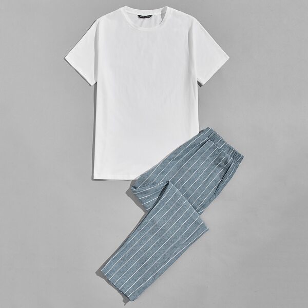 

Men Round Neck Tee & Striped Pants PJ Set, Blue and white