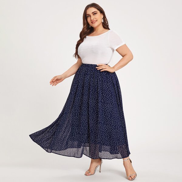

Plus Slim Tee & Polka Dot Print Elastic Waist Skirt Set, Blue and white