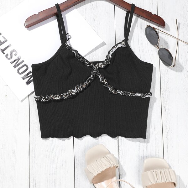 

Leopard Frill Trim Cami Crop Top, Black