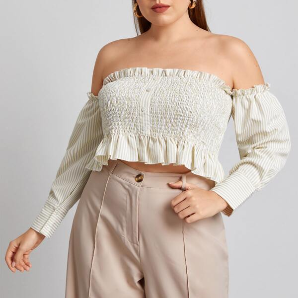 

Plus Frill Off Shoulder Shirred Ruffle Hem Striped Crop Top, Beige