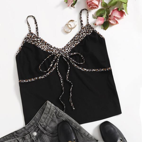 

Plus Leopard Trim Tie Front Cami Top, Black