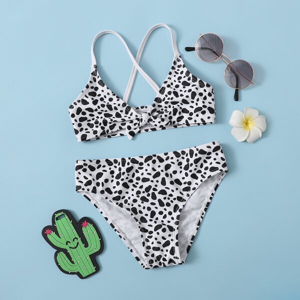 

Toddler Girls Dalmatian Knot Front One Piece Swimsuit, Black and white