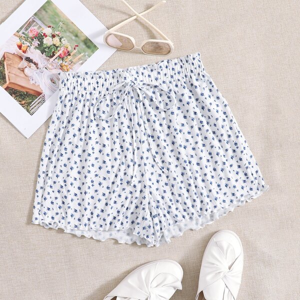 

Ditsy Floral Knot Front Rib-knit Shorts, Blue and white