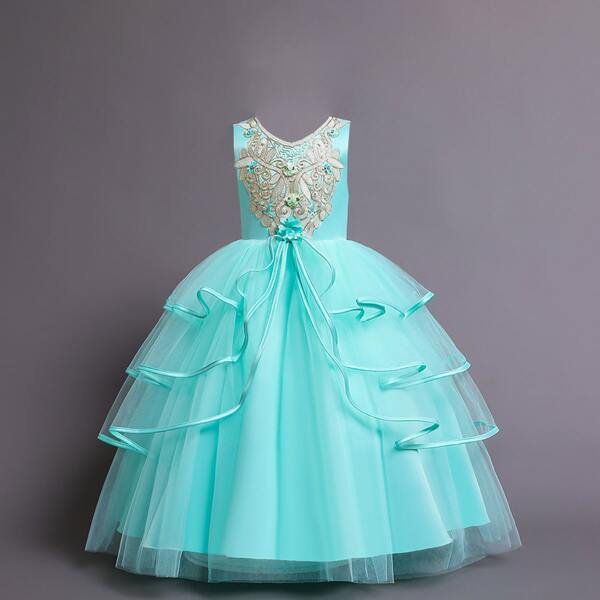 

Girls Floral Embroidered Appliques Layered Ruffle Tutu Dress, Mint green
