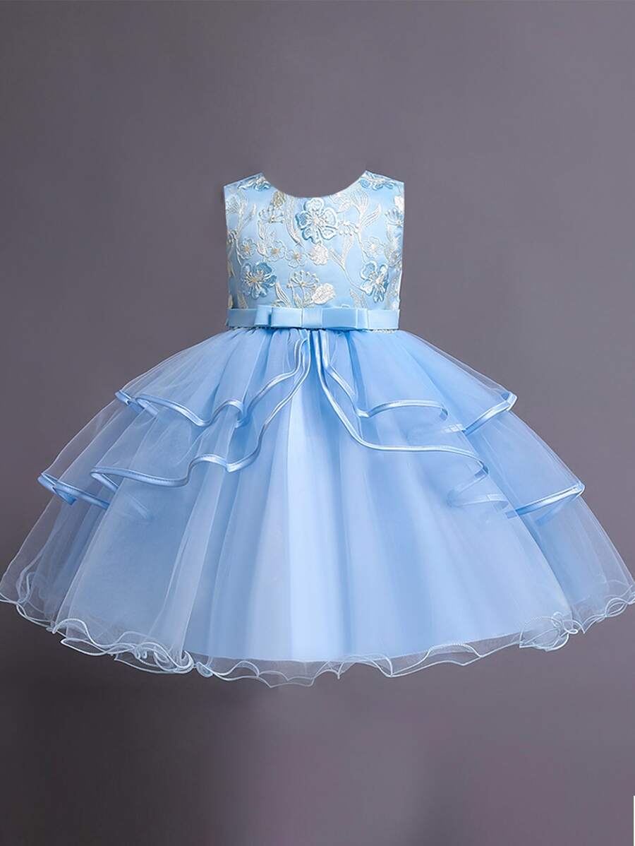 Vestido tutu panel con malla fruncido a capas con bordado floral - Celeste - Ver 1