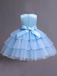 Vestido tutu panel con malla fruncido a capas con bordado floral - Celeste - Ver 2