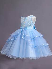 Vestido tutu panel con malla fruncido a capas con bordado floral - Celeste - Ver 3