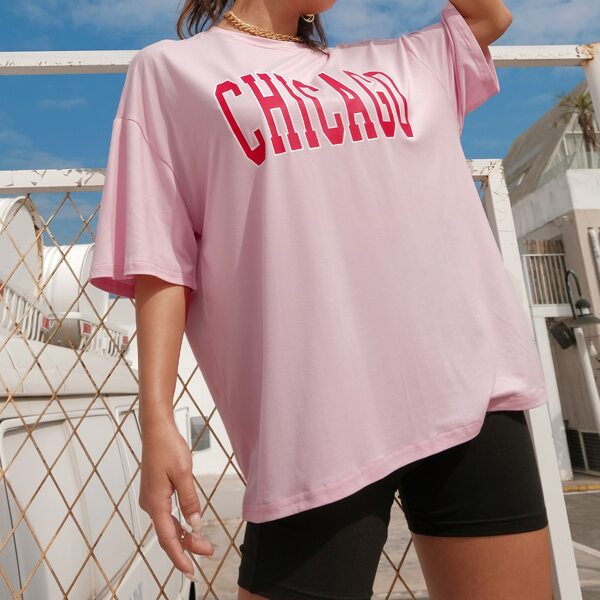 

Drop Shoulder Letter Graphic Longline Tee, Baby pink
