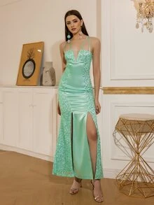 ANGEL FASHIONS Lace Up Satin Insert Sequin Prom Dress - Green - View 3