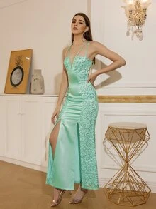 ANGEL FASHIONS Lace Up Satin Insert Sequin Prom Dress - Green - View 4