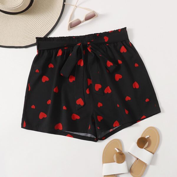

Plus Paperbag Waist Belted Heart Shorts, Black