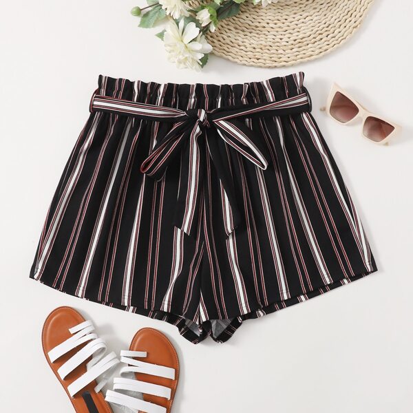 

Plus Paperbag Waist Striped Belted Shorts, Multicolor