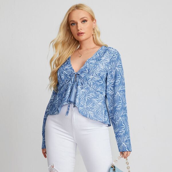 

Plus Tie Front Allover Plants Denim Top, Medium wash