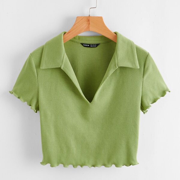 

Lettuce Trim Rib-knit Top, Olive green
