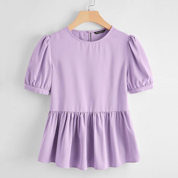 

Solid Puff Sleeve Babydoll Blouse, Lilac purple