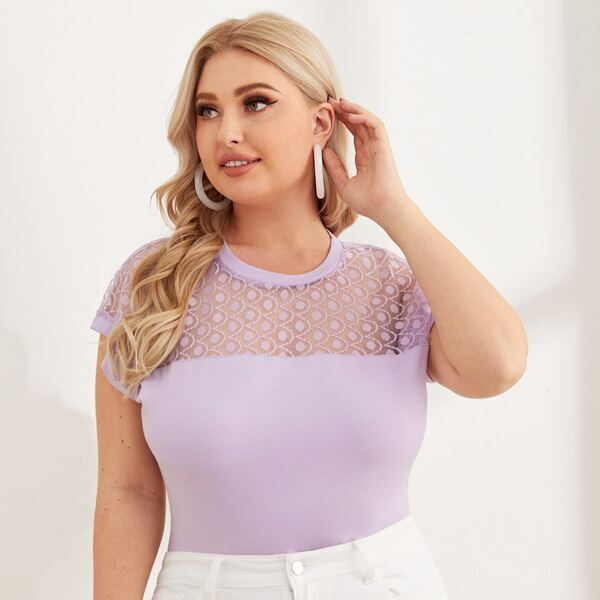 

Plus Lace Yoke Solid Top, Lilac purple