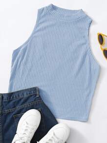 SHEIN EZwear 大碼素色羅紋針織背心上衣 - 淺藍色 - 查看 1