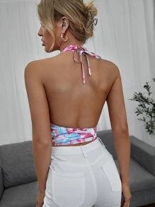 SHEIN Plunge Neck Tie Backless Floral Halter Top - Multicolor - View 2