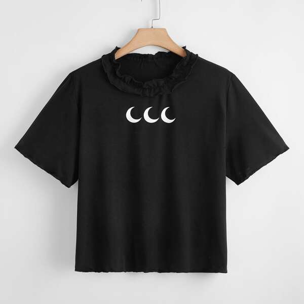 

Plus Moon Print Frill Trim Tee, Black