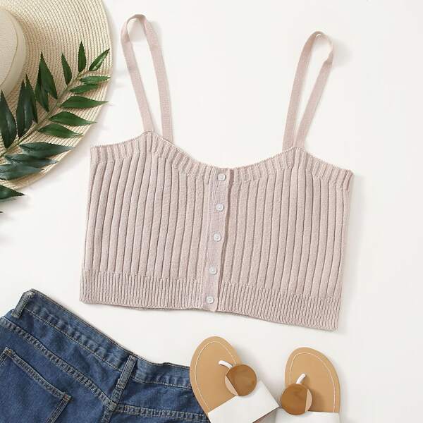 

Plus Button Front Rib-knit Cami Top, Baby pink