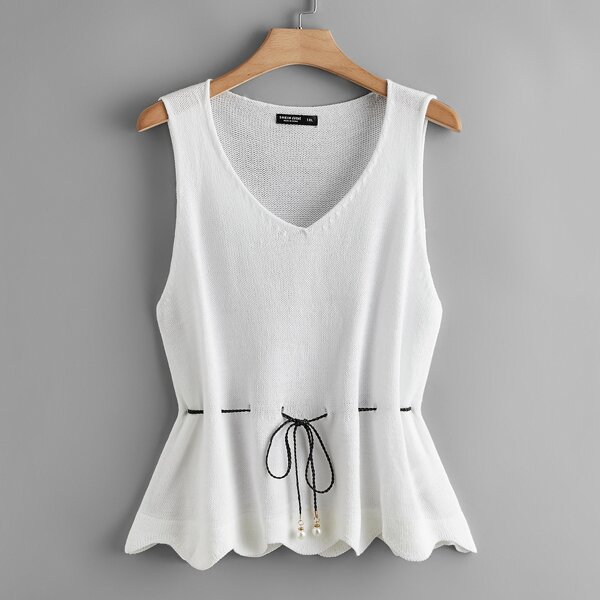 

Plus Tie Front Scallop Trim Knit Top, White