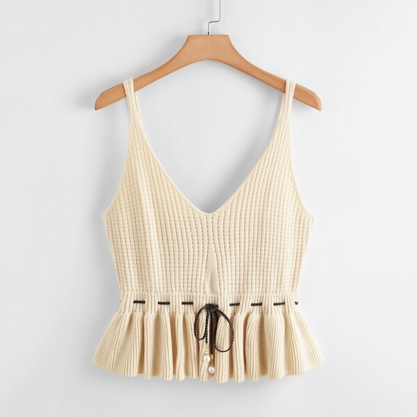 

Plus Tie Front Ruffle Hem Rib-knit Top, Apricot