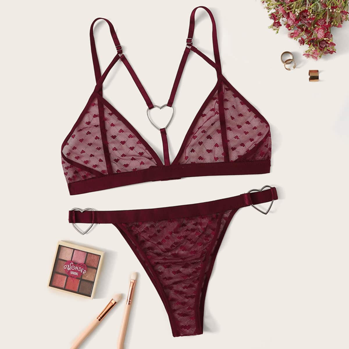 

Heart Pattern Thong Lingerie Set, Burgundy