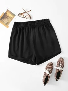Plus Solid Frill Trim Wide Leg Shorts - Black - View 1