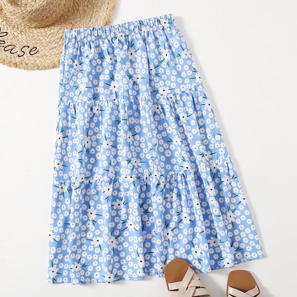 

Ditsy Floral Ruffle Hem Skirt, Blue and white
