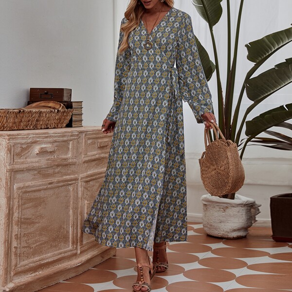 

Geo Print Tie Side Wrap Dress, Multicolor