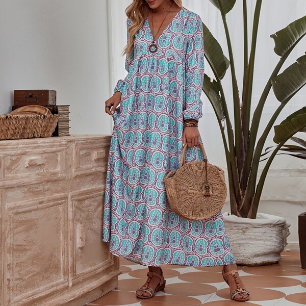 

Allover Print Maxi Smock Dress, Multicolor
