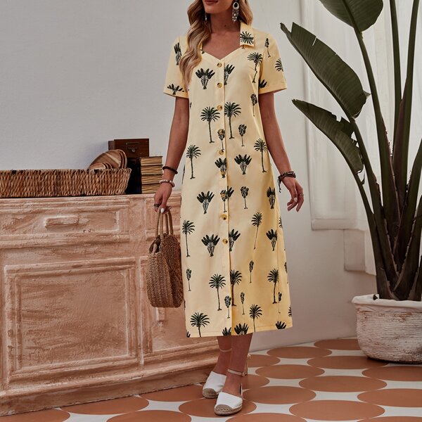 

Palm Tree Button Front Split Dress, Beige