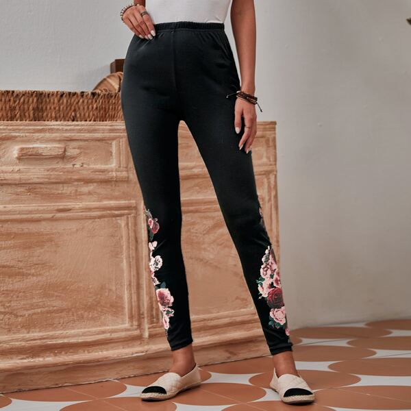 

Floral Print Leggings, Black