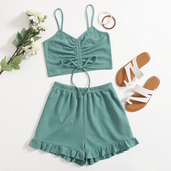 

Drawstring Front Cami Top With Shorts, Cadet blue